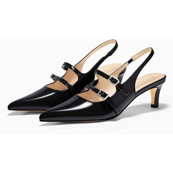 Women's Slingbak Ktiten Pumpe Closed  Pointed Toe Heels Wedding Dress Shoe Black - Picture 5 of 6